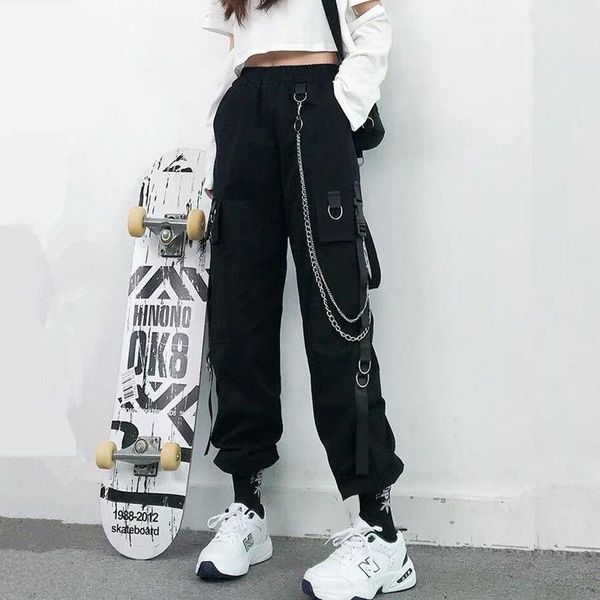

women's cargo pants 2020 autumn winter fashion pockets loose punk trousers with chain harajuku elastics high waist streetwear, Black;white