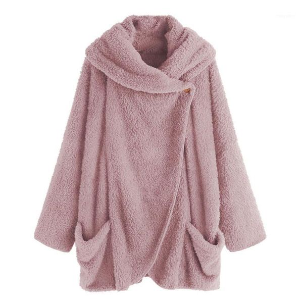 

shujin women's winter loose coat fleece long-sleeved buckle flannel shirt jacket one button women casual jackets1, Black;brown