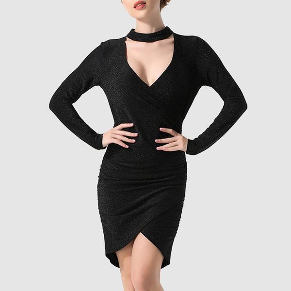 

stage wear latin dance dress female black slim v-neck 2021 women tango clothing professional practice clothes i524, Black;red