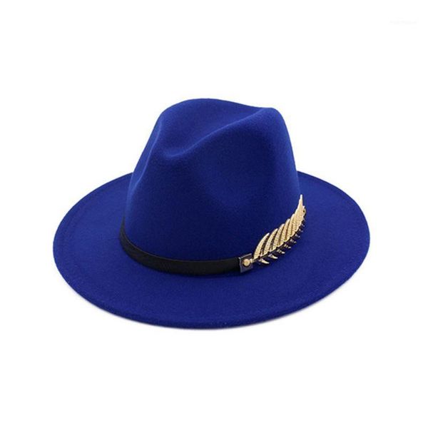 

stingy brim hats women winter faux felt fedoras jazz cap with metal leaf flat wide hat1, Blue;gray