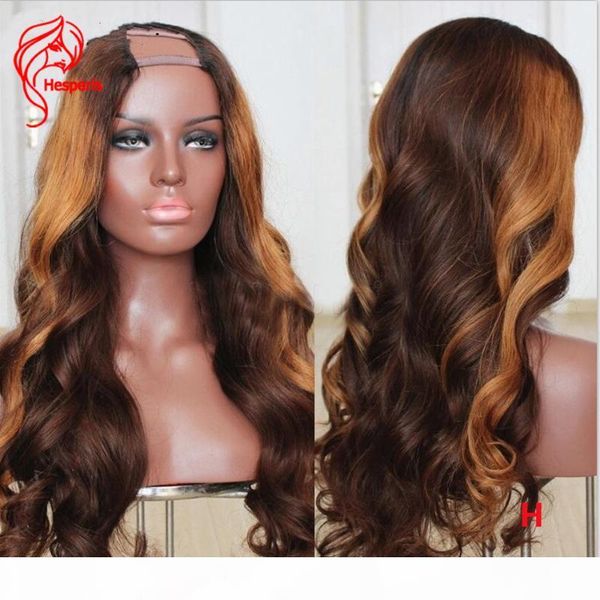 

hesperis blonde highlight human hair wigs natural wave brazilian remy u part human hair wigs 2x4 u shape opening #4 brown, Black;brown