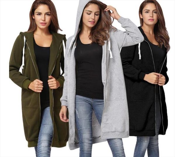 

women hoodies 2020 autumn winter thickening middle length caps zipper sweatshirts loose coat female hoodies sweatshirts, Black
