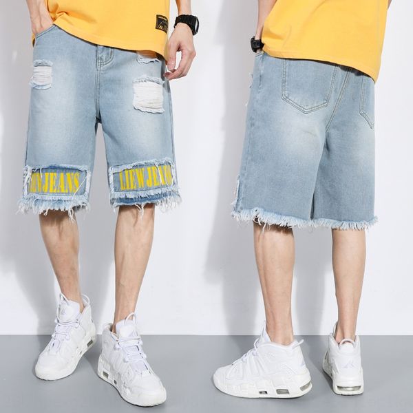 

summer thin men's and perforated denim trend capris pants summer thin men's shorts and shortsperforated denim shorts trend capris, Blue