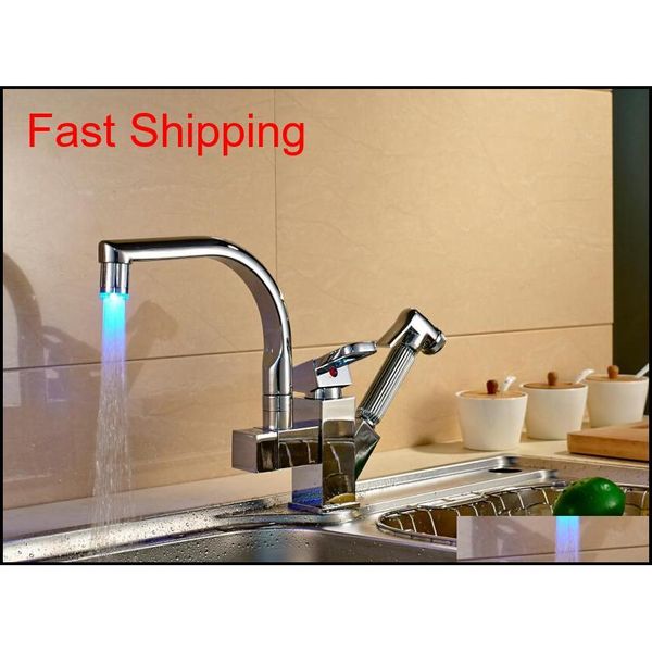 

led color changing chrome kitchen faucet pull out spout mix qyloxh new_dhbest