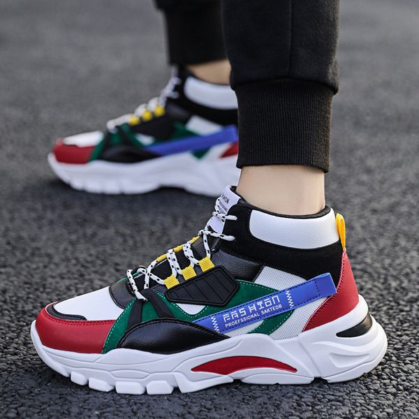 

2020 selling men high color-blocking young and chic leather stitching thick soled durable antislip sneaker
