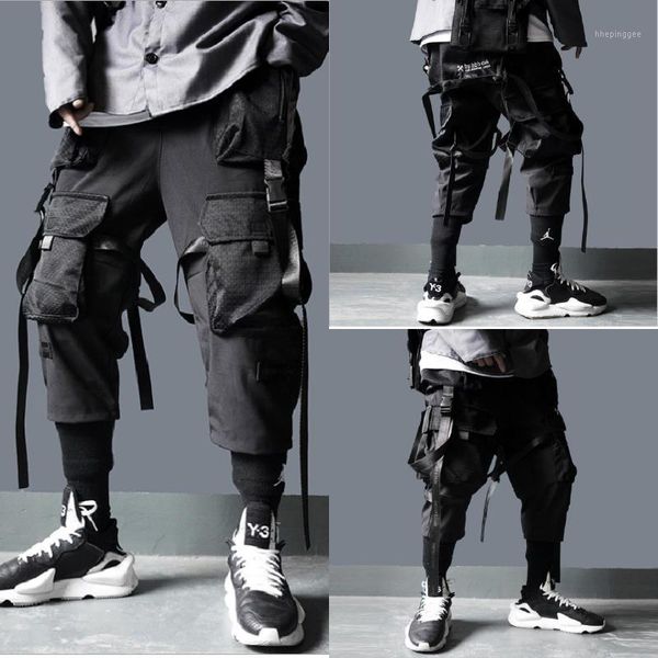 

men's pants men ribbons color block black pocket cargo jog sweatpant hip hop trousers ankle-length midweight polyester poplin1