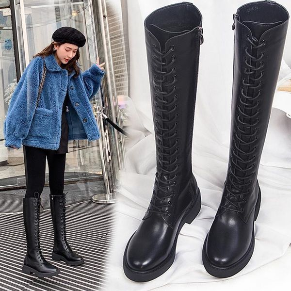 

women knee high boots autumn winter square heel ladies cross strap shoeswoman lace up black round toe boots