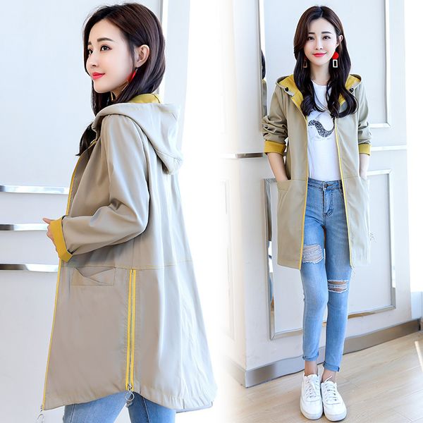 

large size women mid-length trench coat 2019 spring autumn new outwears female long-sleeved zipper solid pockets windbreake 1026, Tan;black