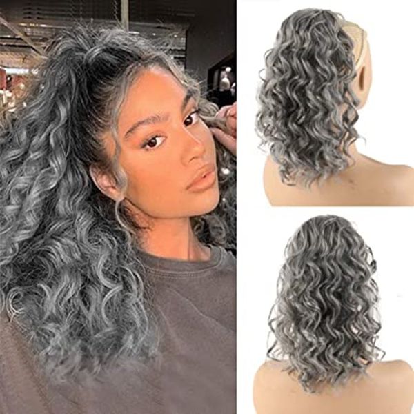 16 pollici onda allentata coda di cavallo grigia parrucchino avvolge coulisse grigio coda di cavallo riccia estensione capelli umani updo afro soffio grigio argento 120g