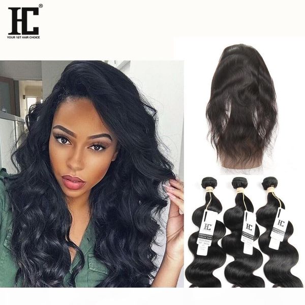 

hc brazilian hair 3 bundles with full 360 lace frontal with baby hair 22x4x2 virgin hair 360 lace frontal with bundles extensions, Black;brown