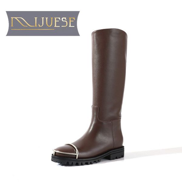 

mljuese 2021 women knee-high boots cow leather winter short plush round toe metal decoration med heels female boots size 40, Black