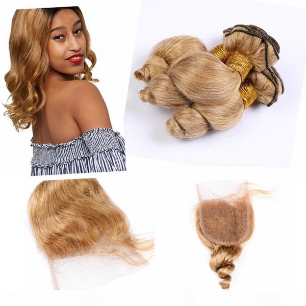 

100 human hair bundles with closure 4" * 4" indian hair loose wave human hair bundles with closure 27 color, Black;brown
