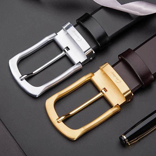 

2021 new arrival mens genuine leather causal dress belts big gold retro needle buckle males belt gift with box, Black;brown