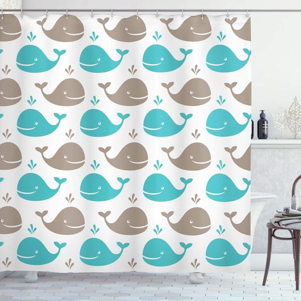 

sea animals shower curtain pattern smiling whale cartoon repeated design children illustration bathroom decor set with hooks 70