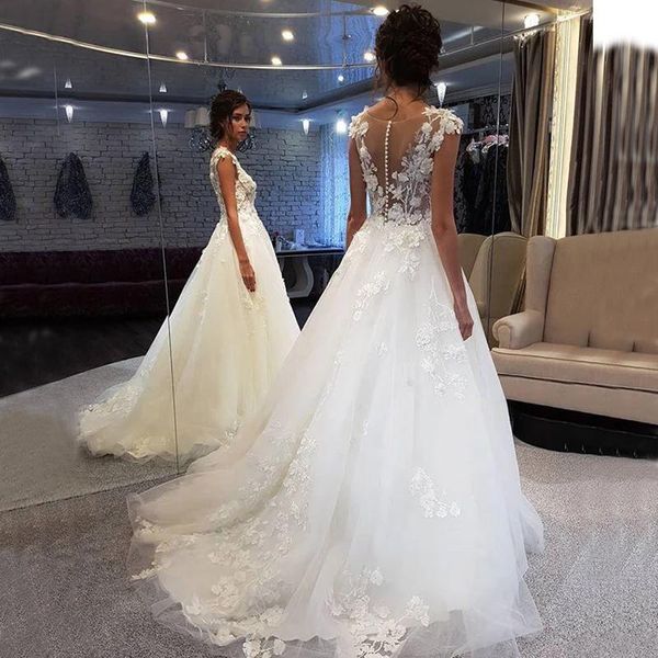 

2021 charming 3d flower applique lace wedding dresses illusion bodice sheer neck a line sweep train bridal gowns vestido de noiva v1, White