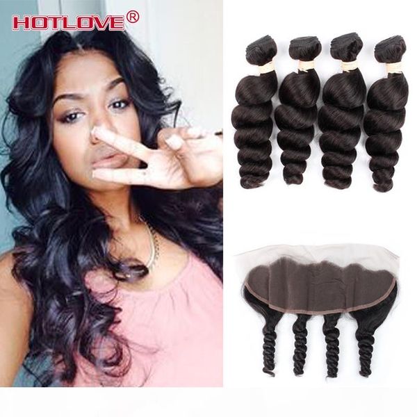 

8a grade peruvian loose wave 4 bundles unprocessed virgin human hair with frontal soft peruvian human hair weft with frontal closure, Black;brown