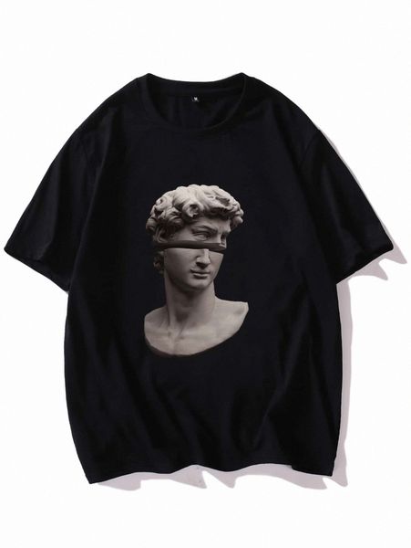 

men statue print round neck tee u28a#, White;black
