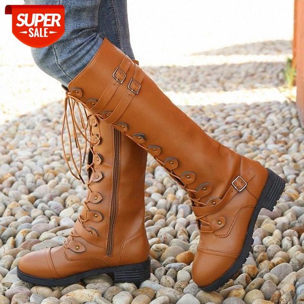 

lucyever 2020 new cross strap rivet knee high boots women vintage double buckle long botas woman mid heel plus size footwear #0p7u, Black
