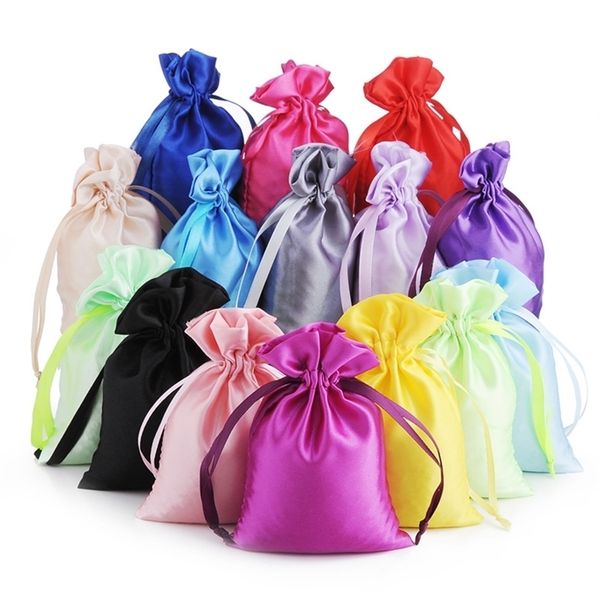 

50 silk stain drawstring bag with ribbon for jewelry hair travel watch shoes diamond bead ring makeup gift packaging pouch t200602, Pink;blue