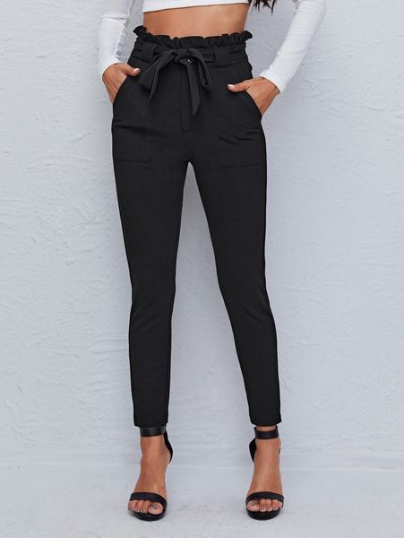 

paperbag waist dual pocket belted skinny pants 99ba#, Black;white