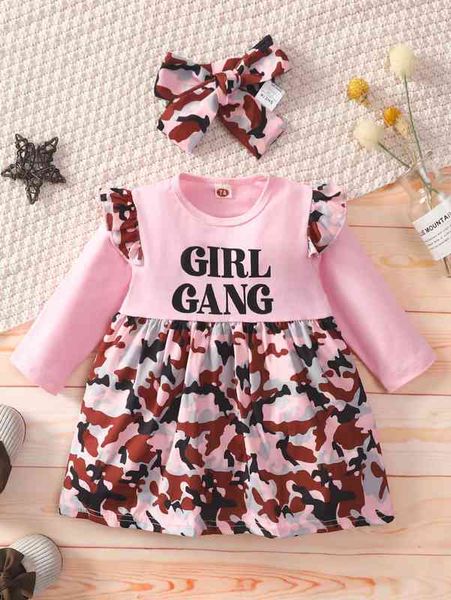 

baby letter & camo print ruffle trim dress with headband she, Red;yellow