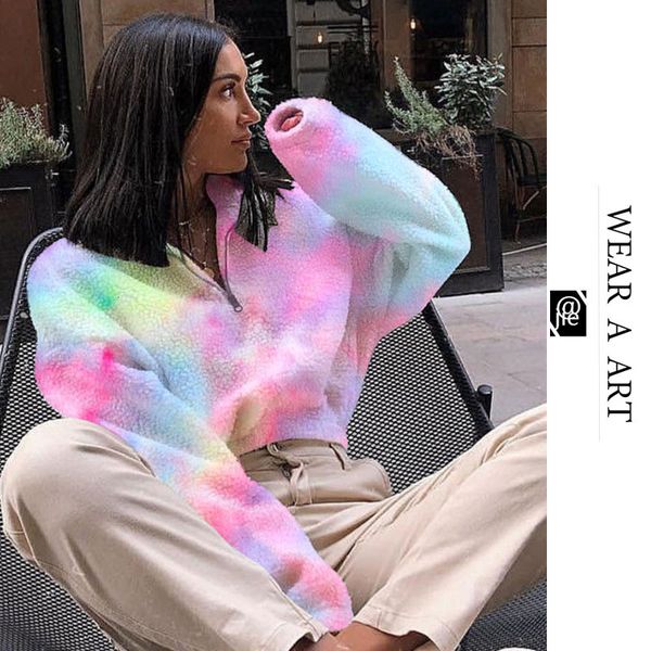 

womens colours hoodie lady rainbow tie-dye short coat girl clothes fashion warm thickening street fashion trend style 2021winter hot, Black