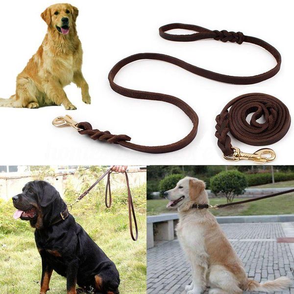 

2m long leather braided pet dog walk traction collar strap training leash lead