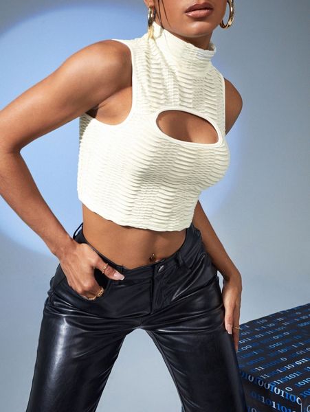 

textured high neck cutout tank 23hu#, White
