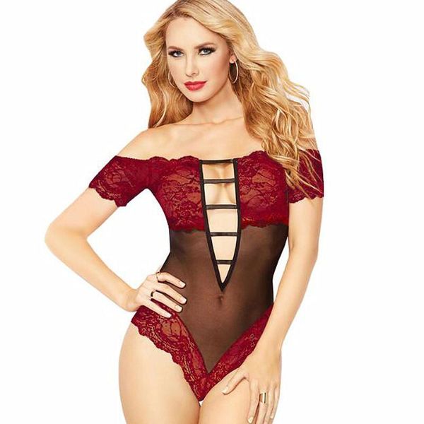 

women's jumpsuits & rompers lace flat shoulder teddy erotic lenceria costume off bodysuits plus big size xxl, Black;white