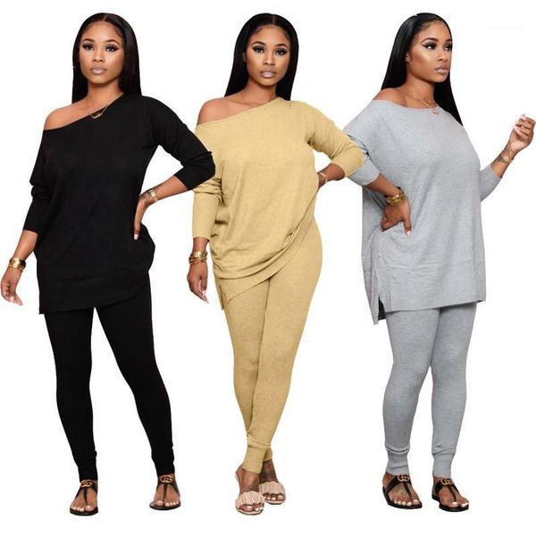 

2020 women's clothing sweater fabric autumn and winter models solid color round neck side off-shoulder loose casual two-piece su1, Gray