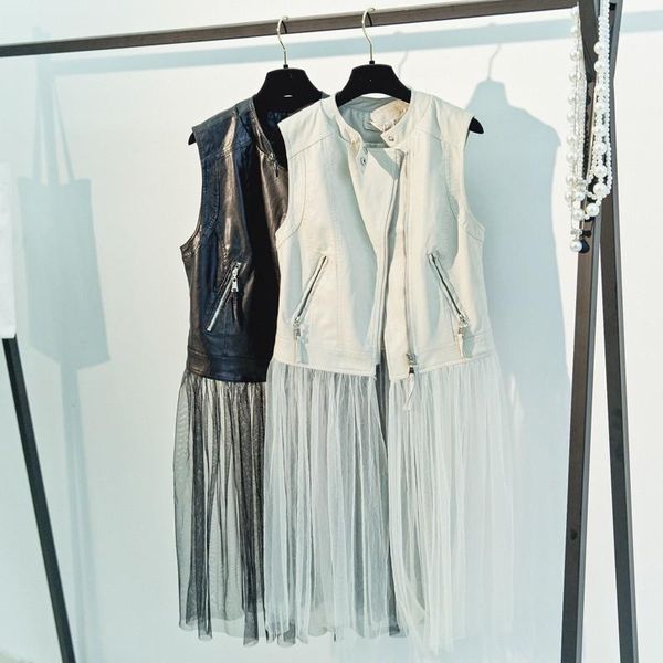 

2020 autumn new women gauze patchwork long vest coat casual zip motor biker sleeveless pu leather jacket slim fit waistcoat 1, Black;white