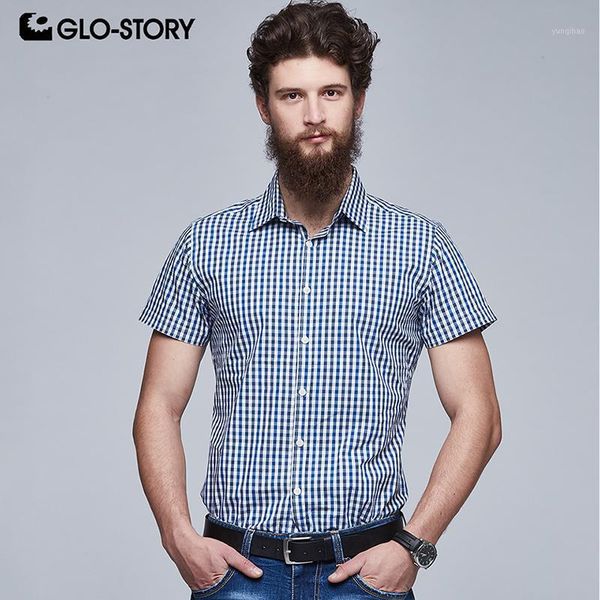 

glo-story men's smart casual short sleeve plaid shirts men streetwear cotton blusa dress shirt mcs-59721, White;black