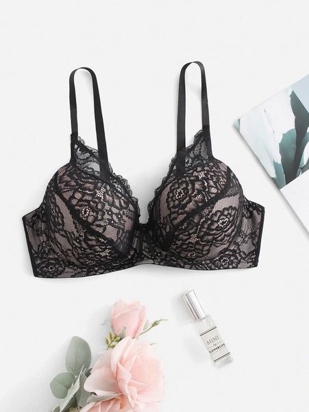 

plus contrast lace underwire bra f9in#, Black;white