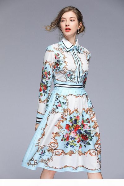 

2019 summer fall luxury floral baroque print collar long sleeve empire waist women ladies casual party a-line midi beach dress, Black;gray