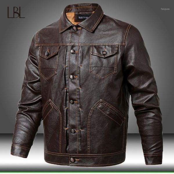 

winter casual warm leather jackets men retro turn collar pu jacket coats men's fleece faux leather motorcycle outwear1, Black