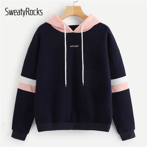 

sweatyrocks navy contrast panel drawstring hoodie sweatshirt long sleeve pullovers women hoodies autumn casual sweatshirts sh190911, Black