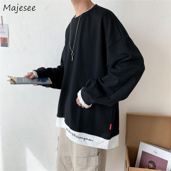 

men long sleeve t-shirts loose patchwork fake two piece chic leisure simple mens korean style daily streetwear all-match ulzzang, White;black