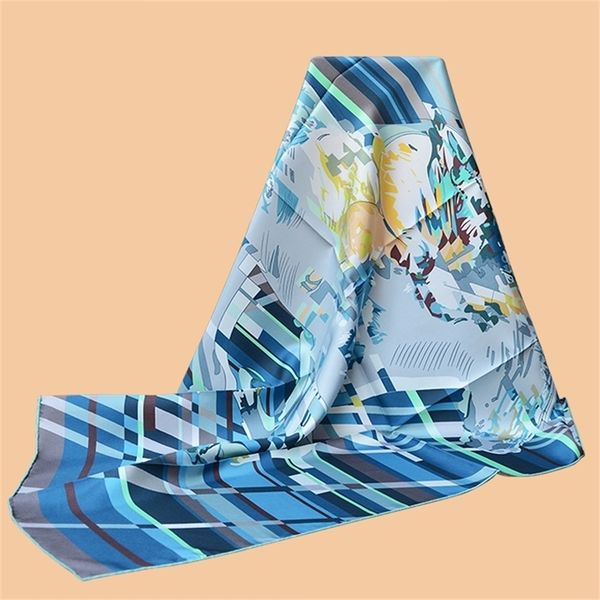 

huajun 2 store || cool accessories universal "p finish" 90 silk square twill spray scarf handmade curling y201007, Blue;gray