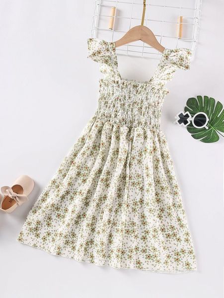 

girls allover floral print frill shirred ruffle trim dress she, Red;yellow