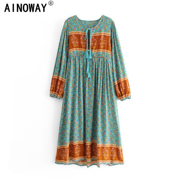 

casual dresses vintage chic women long sleeve neck tie ethnic yellow floral print beach bohemian maxi dress ladies rayon boho vestidos, Black;gray