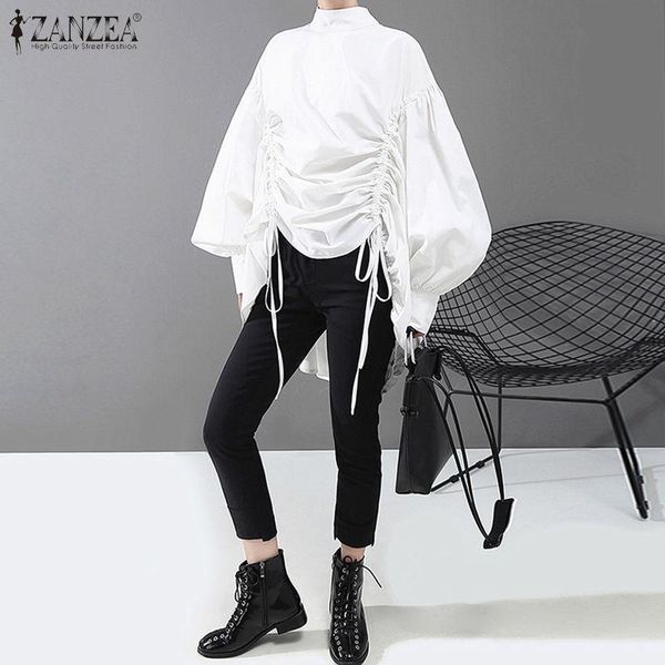 

2020 zanzea spring solid high low blouse fashion drawstring party shirts women long puff sleeve asymmetrical blusas tunic, White