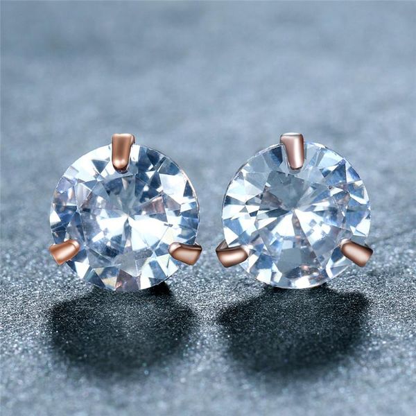 

classic three prong round white zircon stud earrings for women wedding jewelry vintage fashion rose gold/silver color earrings, Golden;silver