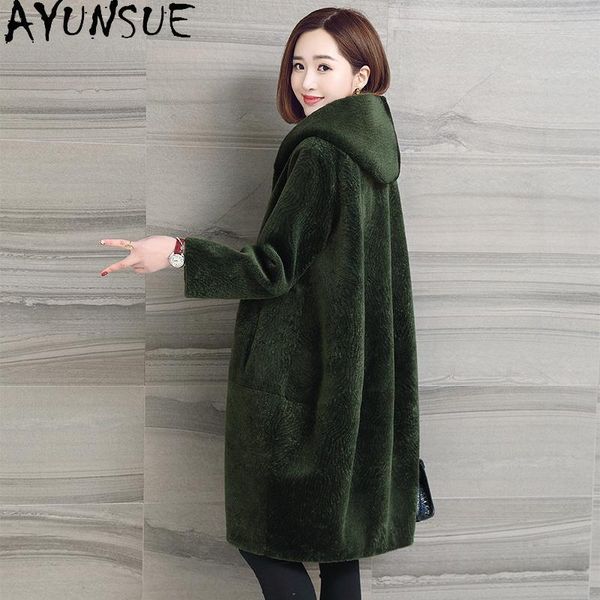 

ayunsue 2021 real fur coat female jacket hooded winter clothes women 100% wool fur coats and jackets women long femme veste, Black