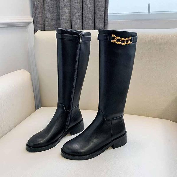 

boots brand riding women's motorcycle genuine leather metal chains med-heels gorgeous knee high women knight, Black