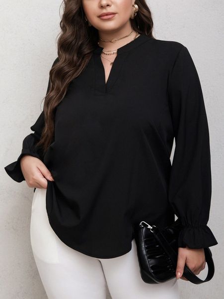 

plus notched neckline flounce sleeve blouse w8rx#, Black