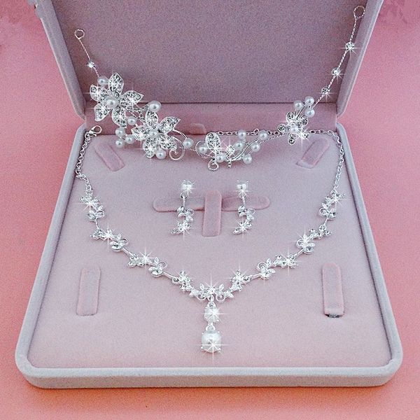 

mkorean luxurious atmosphere crown new earrings 2020 necklace wedding dress headdress bridal three piece suit k, Silver