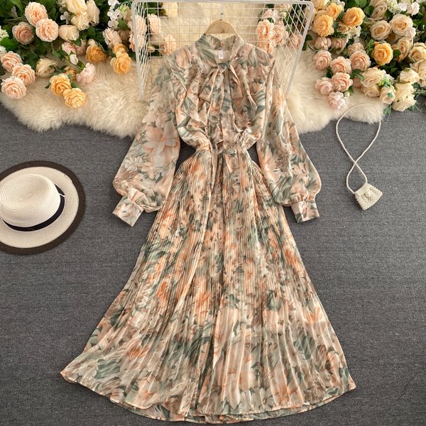 

2021 new women chiffon print puff neck holiday line dressed autumn bow cord dress ggx1, Black;gray