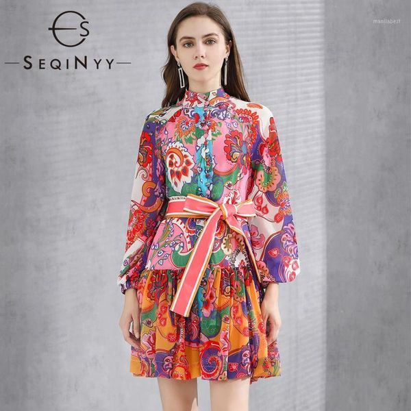 

seqinyy boho mini dress 2020 summer spring new fashion design women vintage red flowers print lantern sleeve chiffon belt1, Black;gray