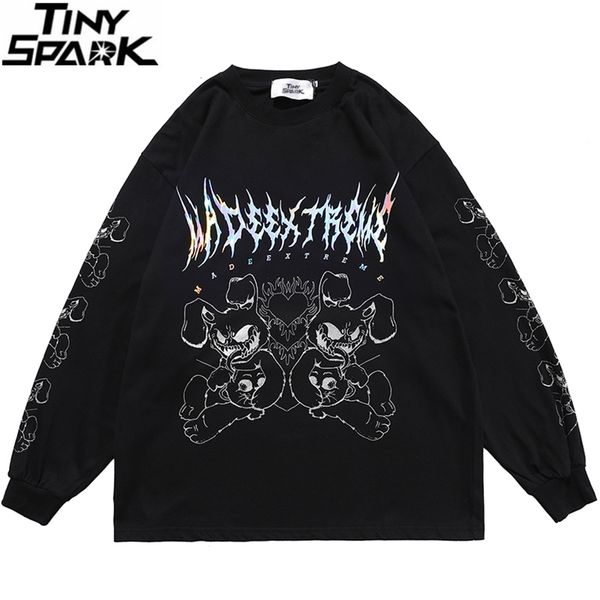 

hip hop monster printed oversize t shirt streetwear harajuku cotton t-shirt men spring long sleeve tshirt black tees 220310, White;black