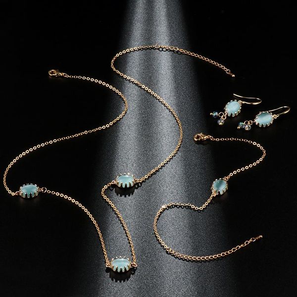 

kinel luxury bridal jewelry set fashion gold blue opal pendant necklace and earrings bracelet for women boho jewelry wholesale, Silver